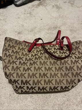 Michael Kors Beige Brown MK Logo Tote with Red Trim